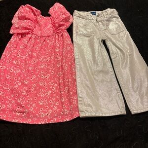 Set of 2 Old Navy metallic pants and Pink Zara Floral Dress 4,5 year old